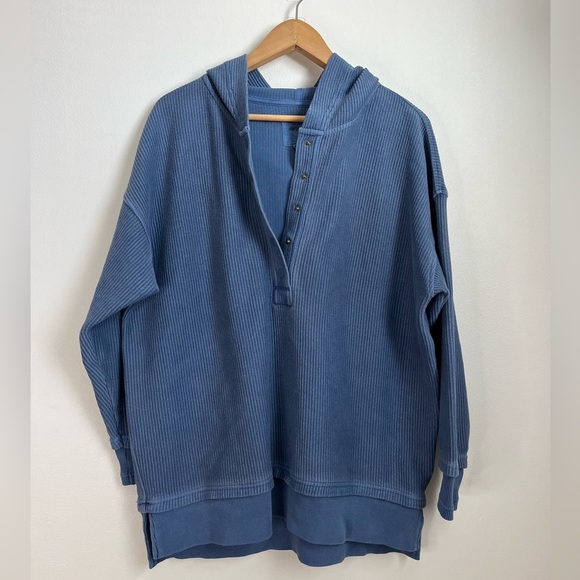 Aerie Oversized Textured Henley Hoodie Blue Pullover - Picture 3 of 15